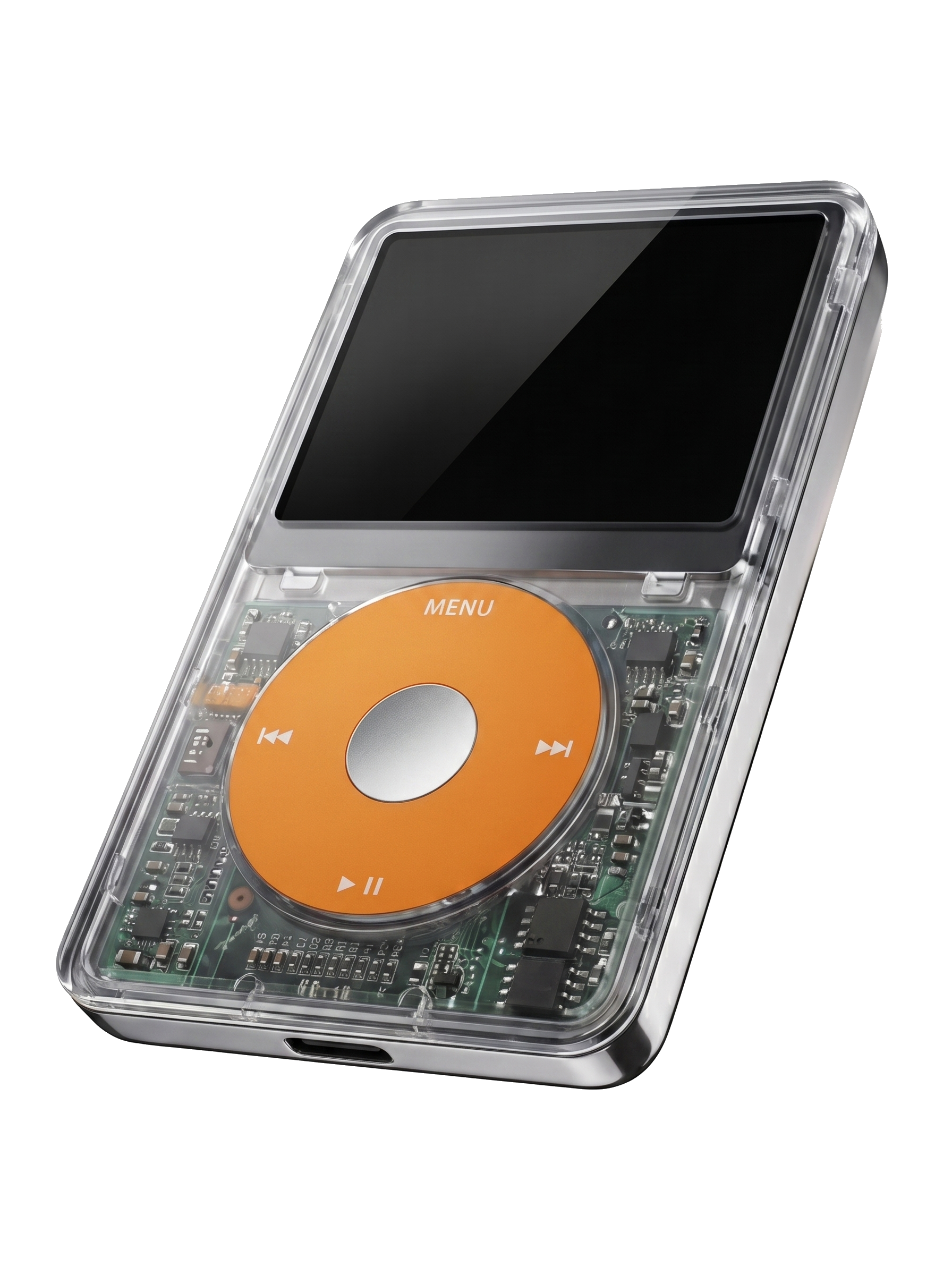 The Clear — transparent acrylic restored iPod Classic revealing internal circuit board